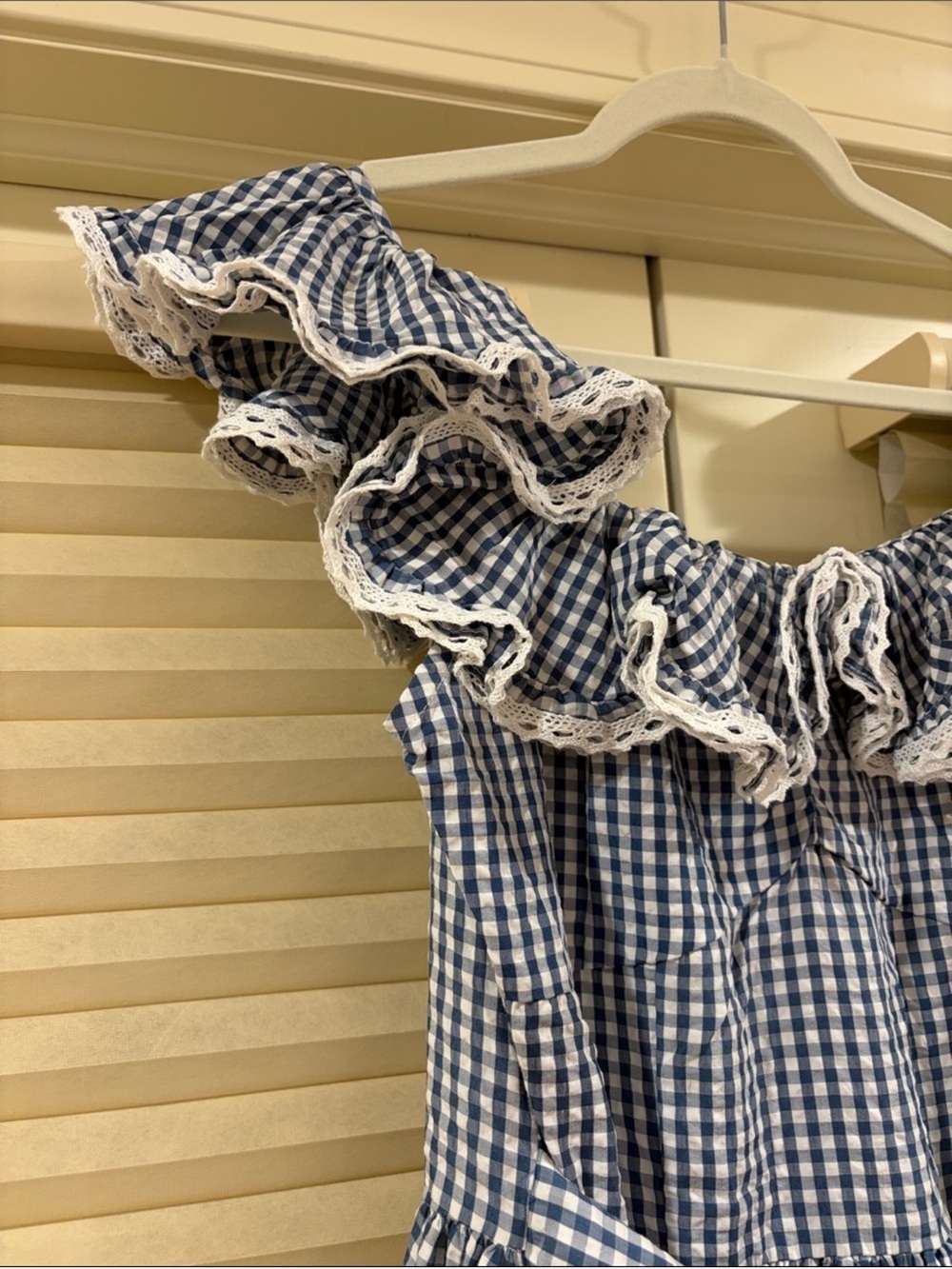 NWOT Doen Blue Gingham Ruffle Off-Shoulder Midi Dress, Size M - Picture 5 of 10